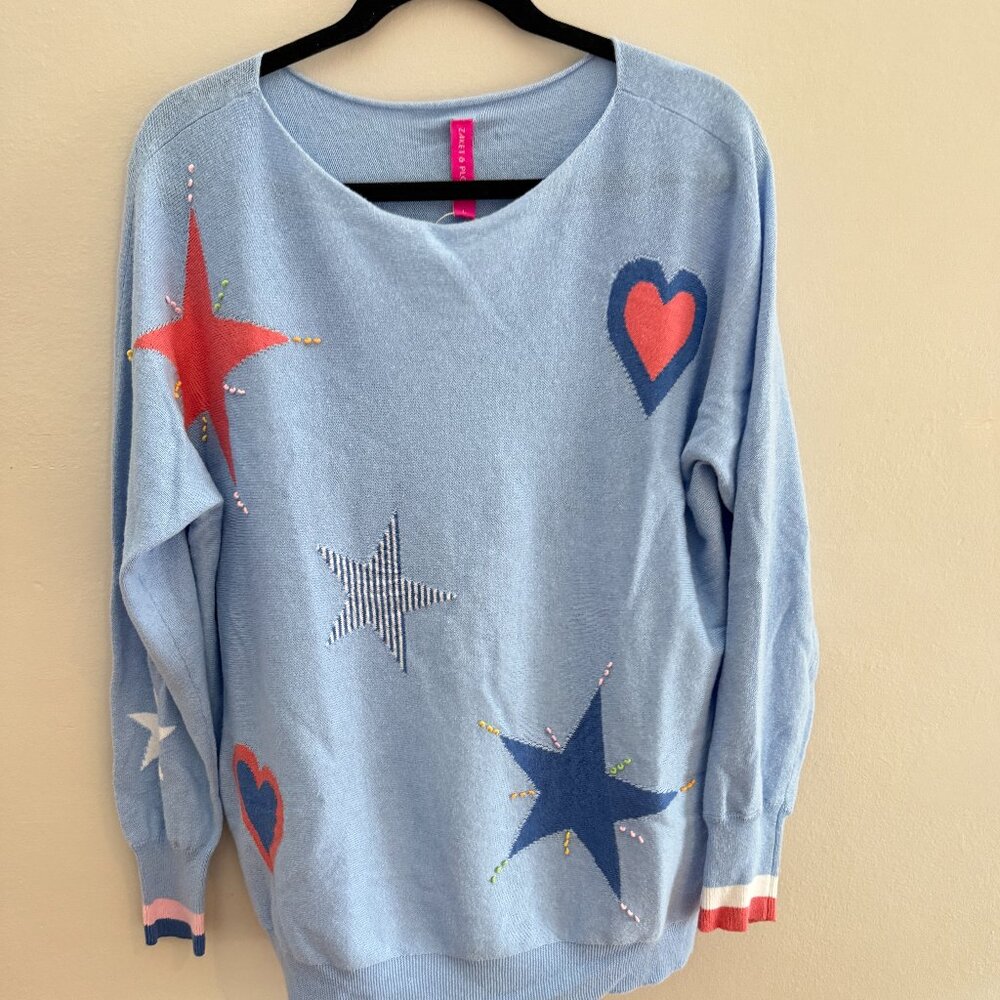 ZAKET & PLOVER Cotton Cashmere NWOT Lightweight Blue Hearts and Stars Sweater LG